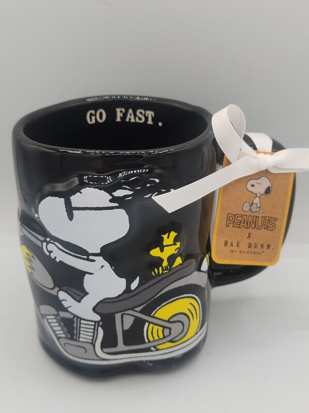 Rae Dunn Snoopy Motorcycle “Go Fast” Coffee Mug with Woodstock Black 20 oz. NEW
